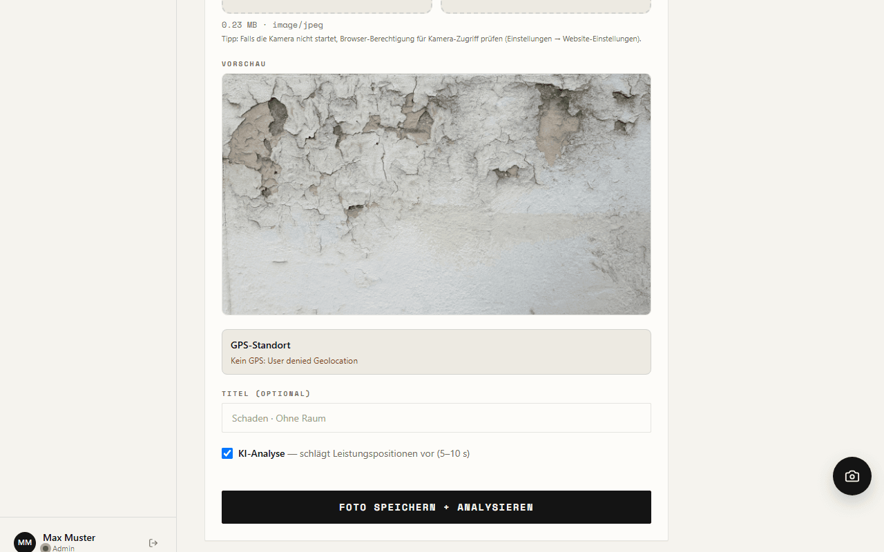 Baustellenwerk: Foto-Upload mit Zweck „Schaden aufnehmen“ und aktivierter KI-Analyse