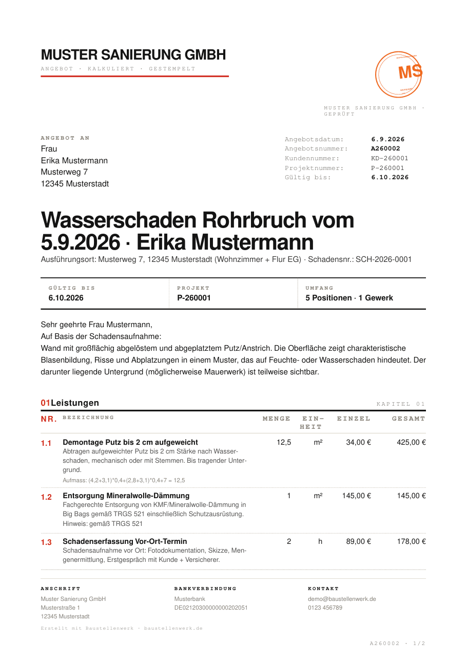 Baustellenwerk: Seite 1 des Angebots-PDF mit Angebotsnummer, Schadensnummer und Positionen